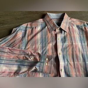 Johnston Murphy Mens Plaid Shirt Size L Tailored Fit Flip Cuff Multicolor Ombré